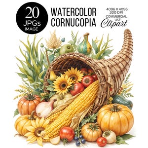 Clipart di Cornucopia ad acquerello / Zucche, girasoli, mais e zucche del raccolto autunnale / Arte stampabile del Ringraziamento / Illustrazione dell'abbondanza autunnale