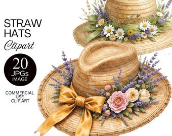 Watercolor Summer Hat Clipart Womens Boho Sun Hat Vintage