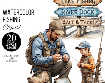 Watercolor Fishing Clip art | Fishing Tackle, Lures, Rods, boots, vest, Fish Illustrations | Father's Day Instant Downloads | Scrapbooking