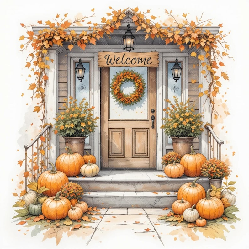 Cozy Fall Front Porch Clipart | Fall Autumn Porch Decore | Thanksgiving ...