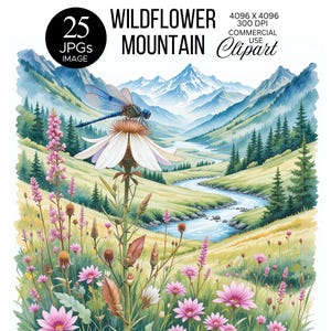 Aquarell Wildblumen Berg Landschaft Clipart | Floral illustrierte druckbare Kunst | Von der Natur inspirierter Fluss