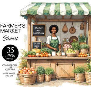 May include: A digital illustration of a farmer's market stand with a green and white striped awning. The stand displays various fruits and vegetables, including tomatoes, pumpkins, and apples. A woman in a green apron stands behind the counter. The image includes the text "Farmer's Market Clipart".