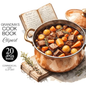 20 Clipart de livro de receitas da vovó | Clipart de culinária em aquarela | Gráficos de livro de receitas de cozinha | Arte de comida retrô | Download digital do Junk Journal
