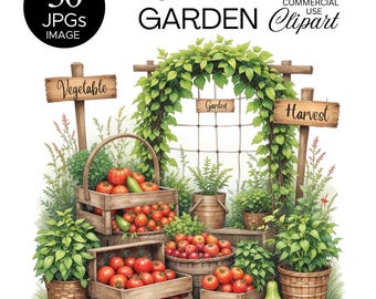 Watercolor Gardening Clipart | Gardening Tools Clipart | Vegetable Garden Images | Gardener Spring Clipart | Digital Download | Scrapbooking