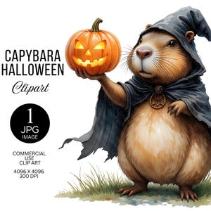 Watercolor Capybara Halloween Clipart | Wizard Capybara with Pumpkin | Cute Witch Animal Illustration | Printable Illustration for Crafters