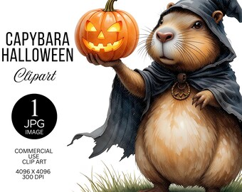 Watercolor Capybara Halloween Clipart | Wizard Capybara with Pumpkin | Cute Witch Animal Illustration | Printable Illustration for Crafters
