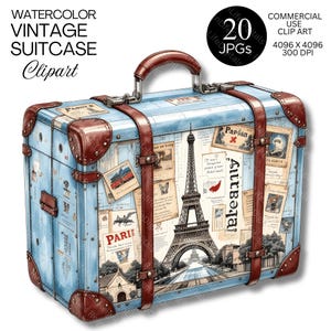 Clipart de maleta vintage de acuarela / Ilustración de equipaje antiguo / Gráficos de viajes retro / Maleta Wanderlust / Lindo papel digital