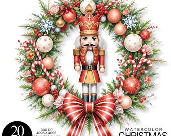 Paquete de imágenes prediseñadas de coronas navideñas en acuarela / Gráficos decorativos de invierno / Ilustración festiva / Arte digital imprimible