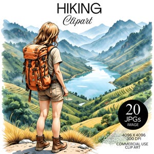 Hiking & Camping Clipart | Mountain, Water Falls, Rice Terraces Watercolor Illustration | Backpacker Nature Outdoor Adventure | Digital Art