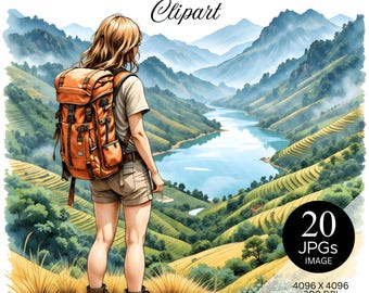 Clipart randonnée et camping | aquarelle, montagnes, chutes d'eau, rizières en terrasses | Backpacker Nature Aventure en plein air | Art numérique