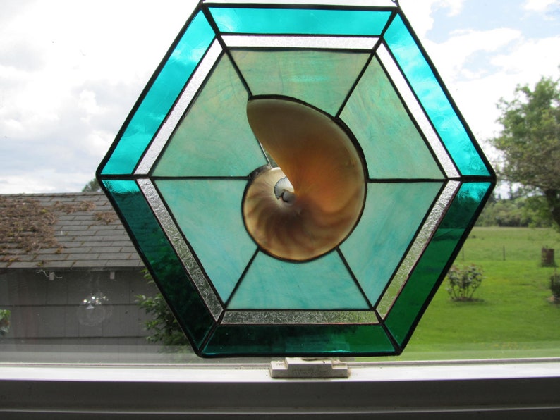 Jade Stained Glass with Large Sliced Nautilus Seashell