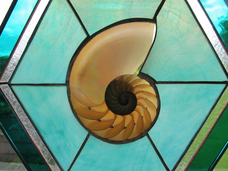 Jade Stained Glass with Large Sliced Nautilus Seashell