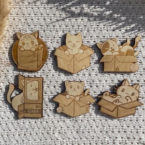 Posavasos de madera con forma de gato en forma de caja de cartón - Regalo - Juego de posavasos hechos a mano - Decoración del hogar - Regalos únicos - Inauguración de la casa - Paquete de posavasos - Geek
