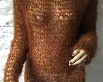 Pull marron en mohair de luxe tricoté à la main