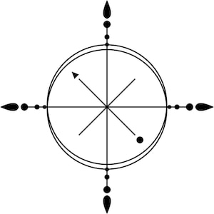 May include: A black and white compass rose design. The compass features a central circle with intersecting lines and an arrow. Decorative elements extend from the cardinal directions, including teardrop shapes and small circles. The design is symmetrical.