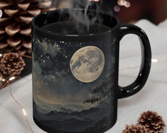 Celestial Full Moon Black Mug - Starry Sky Coffee Cup, Night Owl Gift, Astronomy Lovers, Witchy Aesthetic, Dark and Moody Decor, Ceramic Mug