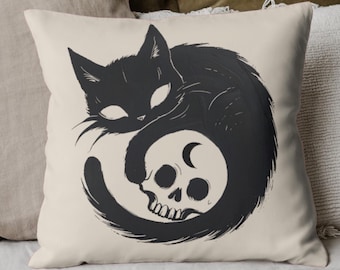 Spooky Cat and Skull Pillow, Neutral Halloween Decor, Black Cat Goth Pillow Cover, Witchy Aesthetic, Dark Academia, Gothic Cat Lover Gift