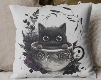Gothic Tea Cup Kitty Pillow, Dark Academia Pillow Cover, Goth Gift, Black Cat, Dark Decor, Witchy Aesthetic, Dark Cottagecore Gray Pillow