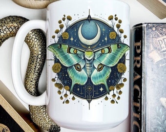 Magical Moth and Flowers Mug, Witchy Coffee Cup, Celestial Moth, Butterfly Moon Mug, Cottagecore Aesthetic, Marigold, Gift for Her, 15oz Mug