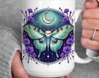 Luna Moth Moon Mug, Witchy Gifts, Luna Moth, Magical Moth, Gift for Her, Celestial Mug, Moon Mug, Large White Ceramic 15oz mug