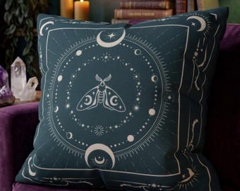 Celestial Moth Pillow, Witchy Boho Home Decor, Astrology Moon Cushion