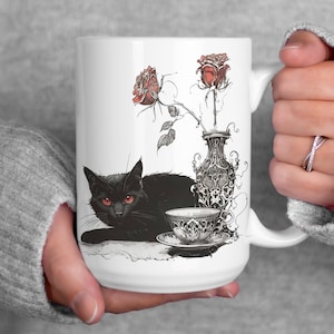 Gothic Black Cat with Roses and Tea Cup Mug, Goth Gift, Black and Red Aesthetic, Victorian, Unique Mug for Cat Lovers, Animal Mug, 15oz