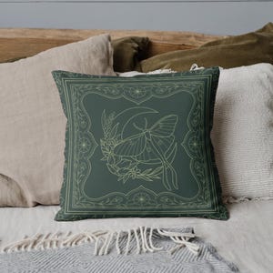 Green Luna Moth and Moon Throw Pillow, Witchy Aesthetic, Dark Cottagecore Pillow Cover, Insect Home Decor, Boho Style, Nature Gift for Her