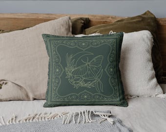 Green Luna Moth and Moon Throw Pillow, Witchy Aesthetic, Dark Cottagecore Pillow Cover, Insect Home Decor, Boho Style, Nature Gift for Her