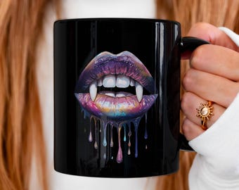 Vampire Lips Mug, Goth Coffee Cup, Dripping Fangs Art, Spooky Aesthetic Gift, Black Ceramic Mug, Halloween Decor, Witchy Vibes, Vampire Art