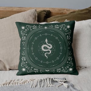 Celestial Serpent Throw Pillow, Mystical Snake Pillow Cover, Witchy Aesthetic, Cozy Home Decor, Boho Vibes Cushion, Unique Astrology Gift