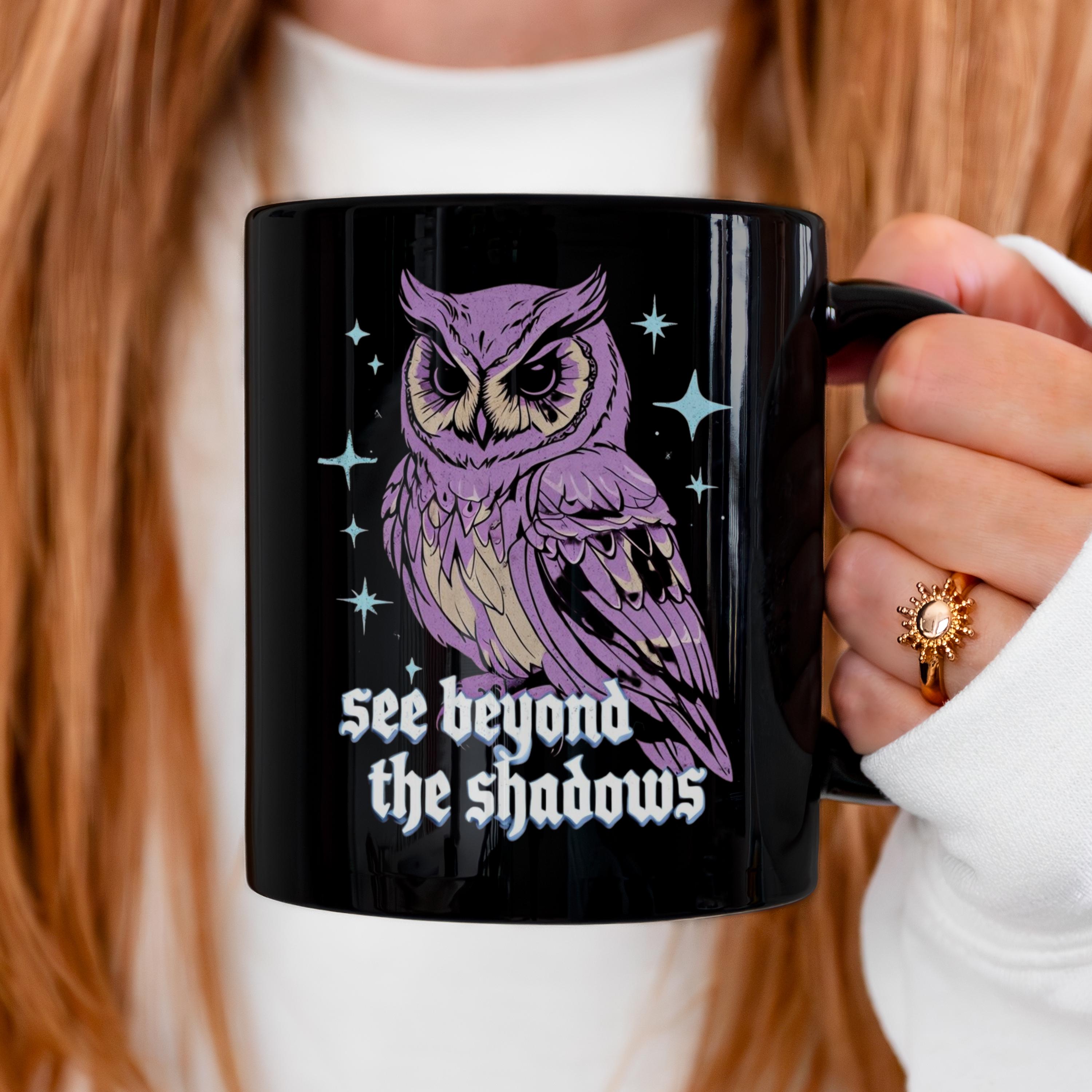 See Beyond the Shadows Owl Mug, Witchy Coffee Cup, Pastel Purple Owl, Bird Mug, Magical Vibes Tea Mu
