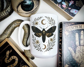 Death's Head Moth Mug, Gothic Witchy Coffee Cup with Moon and Floral Design, Dark Academia Kitchen Decor, Cottagecore Drinkware, Insect Gift