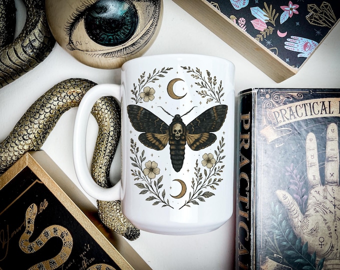Death's Head Moth Mug, Gothic Witchy Coffee Cup with Moon and Floral Design, Dark Academia Kitchen Decor, Cottagecore Drinkware, Insect Gift
