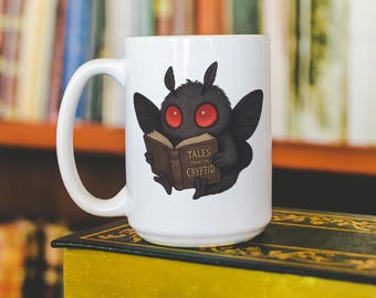 Cute Mothman Mug, Gift for Cryptid Lovers, Bookish, Literary Girl Coffee Cup, Spooky Story Decor, Halloween Mug, Tales from the Cryptid Mug