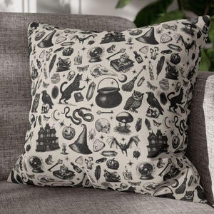 Witchy Throw Pillow, Dark Academia Home Decor, Beige Halloween Pillow Cover, Gothic Gift, Neutral Spooky Season Cushion, Goth Aesthetic