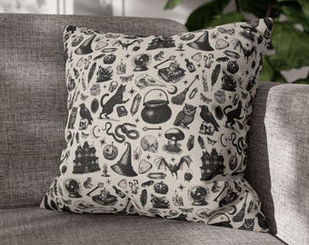 Witchy Throw Pillow, Dark Academia Home Decor, Beige Halloween Pillow Cover, Gothic Gift, Neutral Spooky Season Cushion, Goth Aesthetic