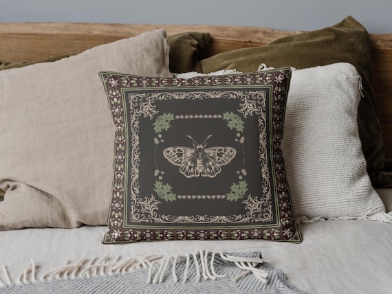 Dark Academia Moth Throw Pillow, Woodland Pillow Cover, Forest Witch Aesthetic, Cottagecore Decor, Vintage Inspired, Gift for Nature Lovers