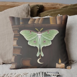 Dark Academia Luna Moth Throw Pillow, Witchy Pillow Cover, Bookish Aesthetic, Gift for Book Lovers, Cottagecore Vibes, Insect Home Decor