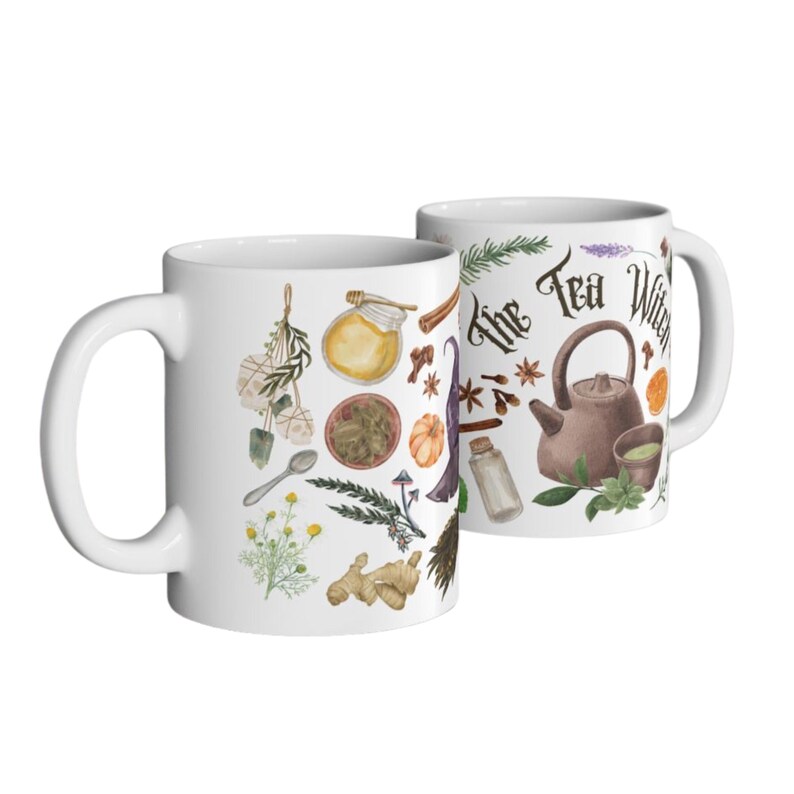 May include: White ceramic mug with a design of various herbs, spices, and tea-related items. The text "The Tea Witch" is printed on the mug.