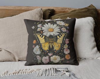 Floral Butterfly Throw Pillow, Cottagecore Aesthetic, Insect Pillow Cover, Dark Academia Vibes, Gift for Nature Lovers, Spring Home Decor