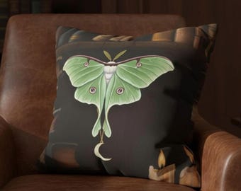 Luna Moth Throw Pillow, Witchy Pillow Cover, Bookish Aesthetic, Gift for Book Lovers, Dark Academia Home Decor