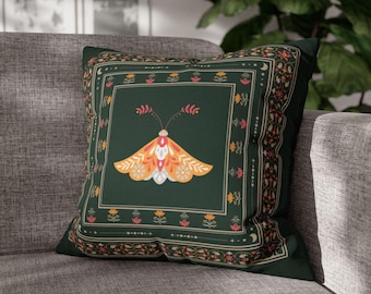 Bohemian Moth Pillow for Cozy Home Decor, Folk Animal Pillow Cover, Subtle Witchy, Insect Lover Gift, Floral Cushion, Boho Vibes, Flower Art