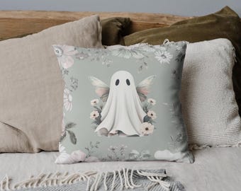 Fairycore Ghost Pillow, Butterfly Ghost Pillow Cover, Spooky Spring Home Decor, Cute Pastel Halloween Cushion, Cottagecore Floral Ghost Art