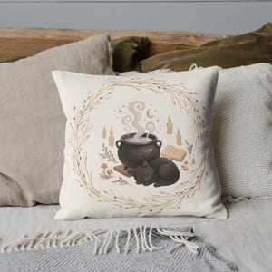 Cozy Witchy Pillow, Halloween Pillow Cover, Gift for Black Cat Lovers, Autumn Home Decor, Dark Academia Aesthetic, Cute Cottagecore Cushion