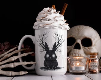 Jackalope Mug, Cryptid Mug, Unique Coffee Mugs, Jackalope, Rabbit with Antlers, Dark Cottagecore Mug, Fantasy Animal Mug, 15oz Ceramic Mug