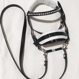 May include: A black horse bridle with white padded lining on the noseband and crown piece. The browband features a row of clear rhinestones. The bridle includes a long black leather lead strap with silver-toned metal clips and hardware.