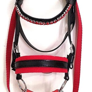 May include: A horse bridle featuring a red padded crown piece and noseband, black leather straps, and a browband adorned with a row of red rhinestones. The bridle includes silver-toned metal hardware, rings, and a red bit with metal clips.