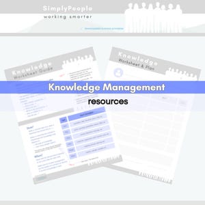Puede incluir: Dos hojas de trabajo imprimibles para la gestión del conocimiento. La primera hoja de trabajo se titula "Guía de la hoja de trabajo del conocimiento" y la segunda se titula "Hoja de trabajo y plan del conocimiento". Las hojas de trabajo están sobre un fondo azul claro con una pancarta azul que dice "Recursos de gestión del conocimiento".