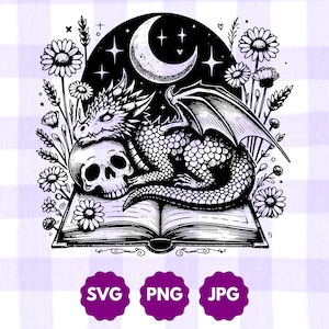 Sovande bokdrake SVG PNG | Söt blommig Wyvern-skallegrafik för fantasyläsare, bokälskare, presenter till Dungeon Crawlers | Romantasy Gothic