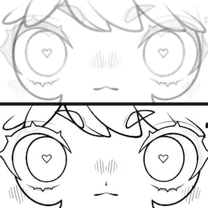 May include: Line drawing of a cartoon character with large eyes and a heart shape in each pupil. The character has short hair and is looking directly at the viewer. The drawing is in black and white.